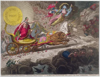 Licht vertreibt die Dunkelheit - Verdunstung der stygischen Ausdünstungen oder Die Sonne der Verfassung erhebt sich über die Wolken der Opposition, veröffentlicht von Hannah Humphrey im Jahr 1795 (Radierung, Gravur und Text)
